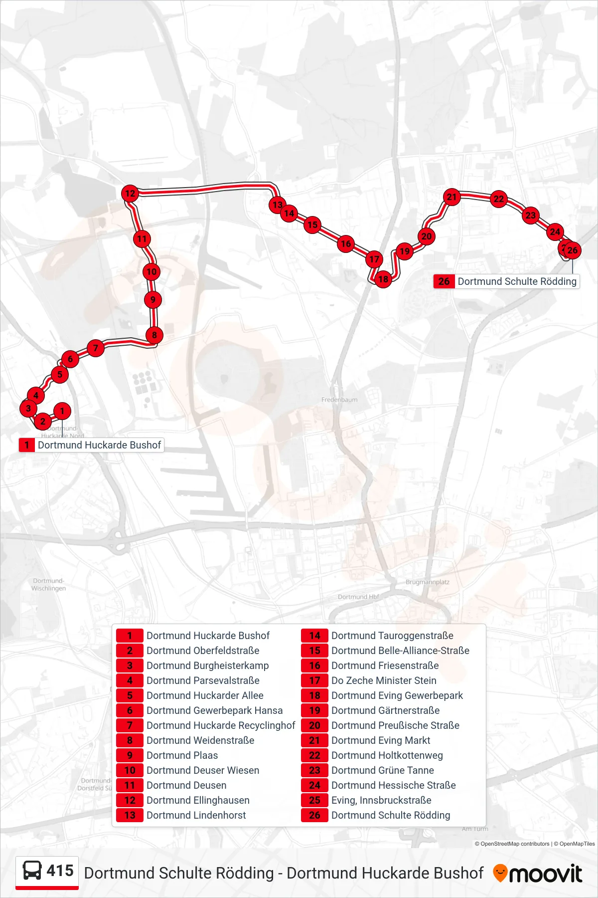 Linie 415 (Bus) Richtung Dortmund Schulte Rödding: Route und Haltestellen auf der Karte