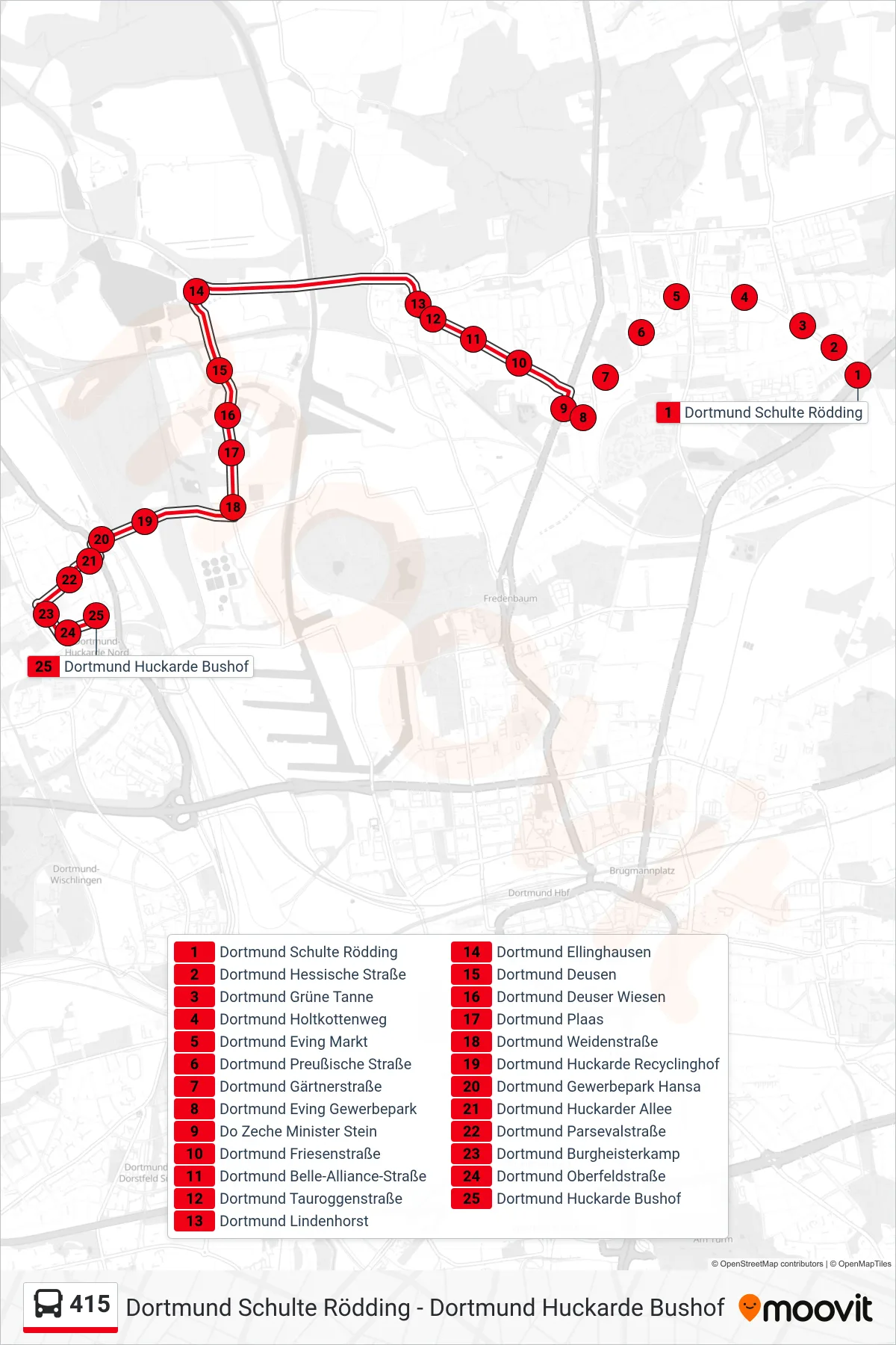 415 bus Line (Dortmund Huckarde Bushof) route and stops on a map