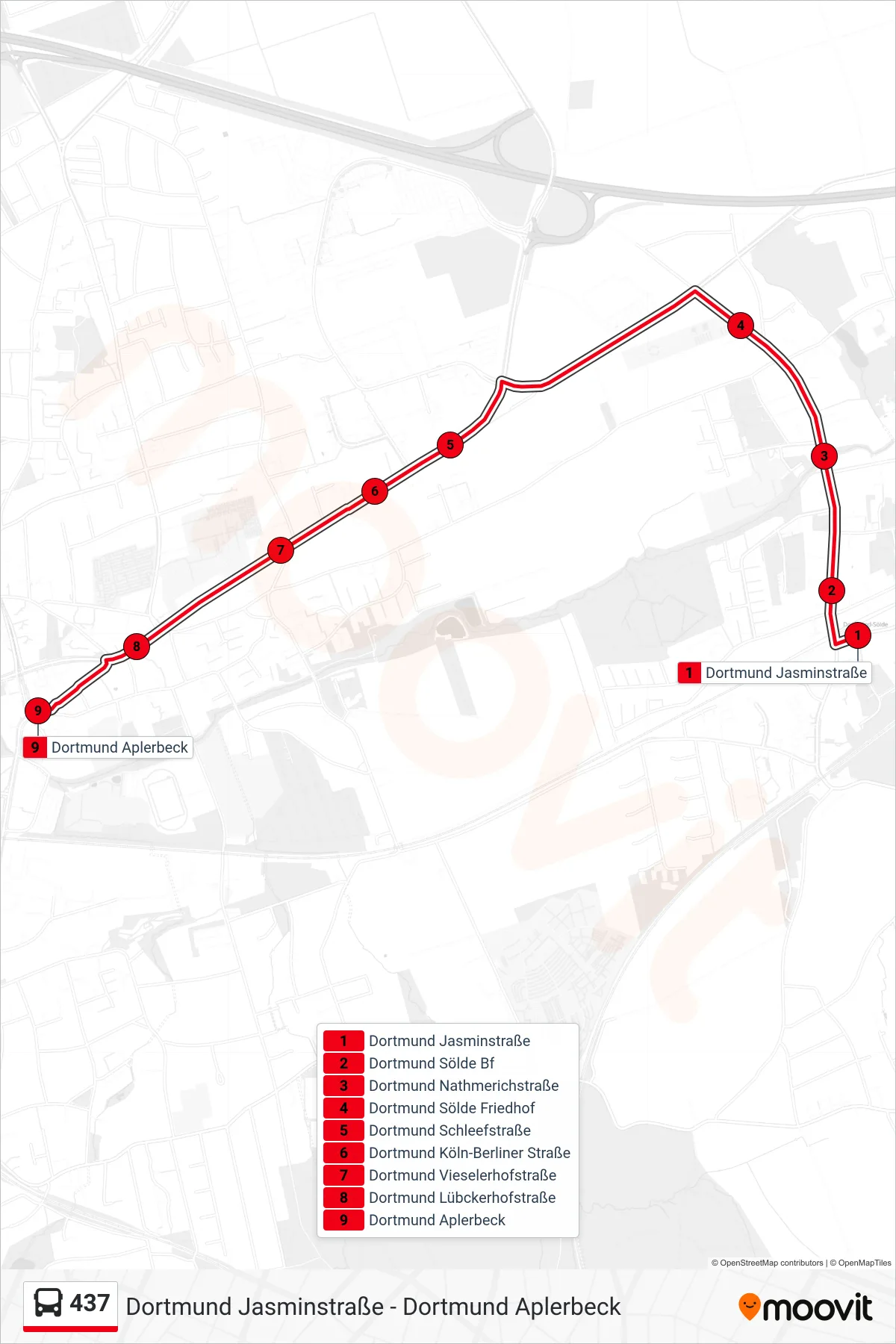 Linie 437 (Bus) Richtung Dortmund Aplerbeck: Route und Haltestellen auf der Karte