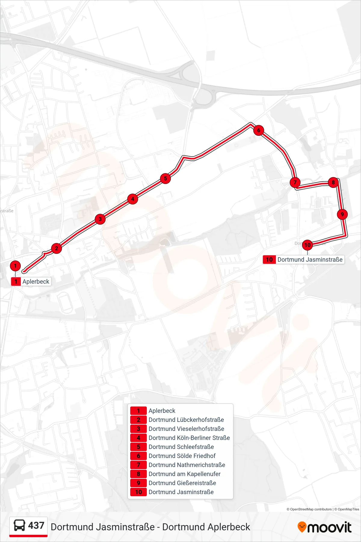 Linie 437 (Bus) Richtung Dortmund Jasminstraße: Route und Haltestellen auf der Karte