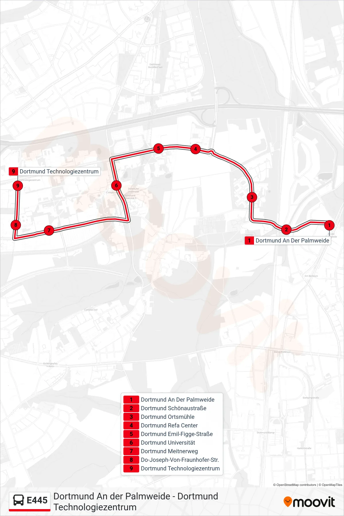 E445 bus Line (Dortmund Technologiezentrum) route and stops on a map