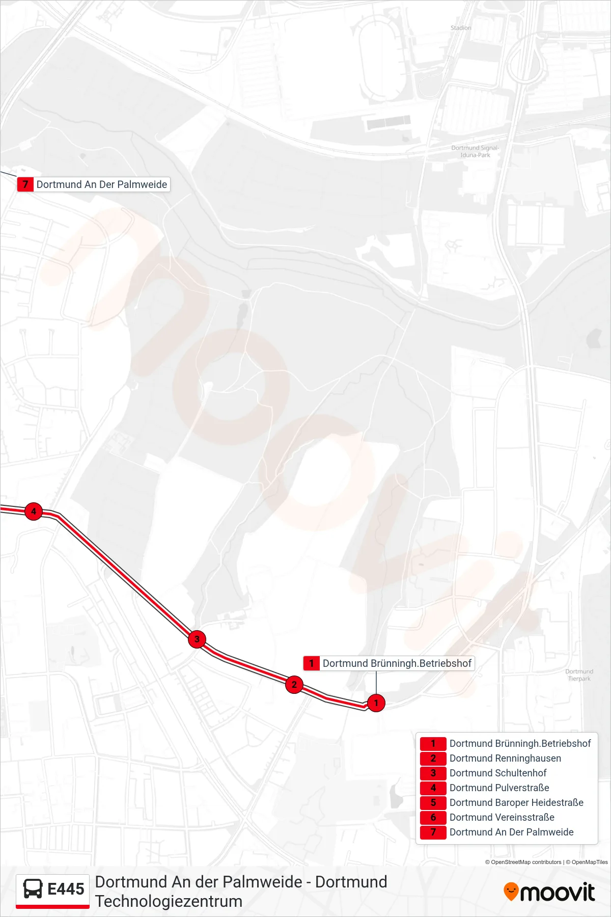 Linie E445 (Bus) Richtung Dortmund An Der Palmweide: Route und Haltestellen auf der Karte