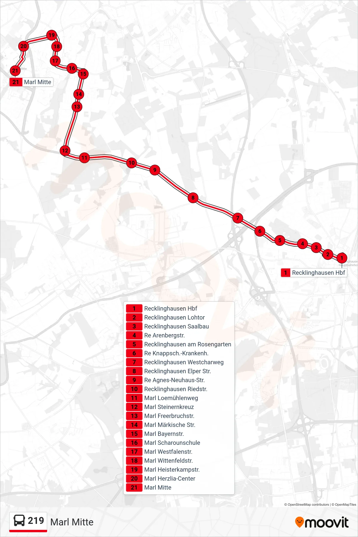 Linie 219 (Bus) Richtung Marl Mitte: Route und Haltestellen auf der Karte