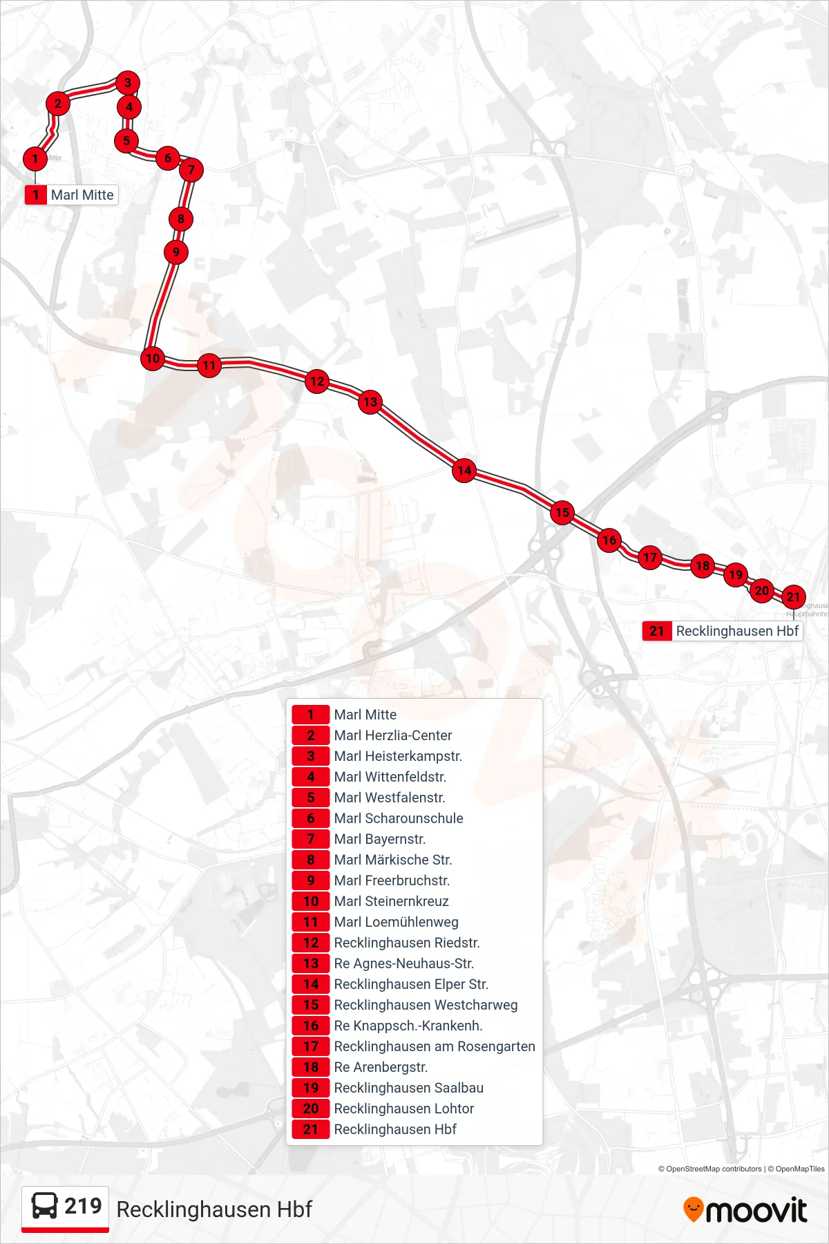 Linie 219 (Bus) Richtung Recklinghausen Hbf: Route und Haltestellen auf der Karte