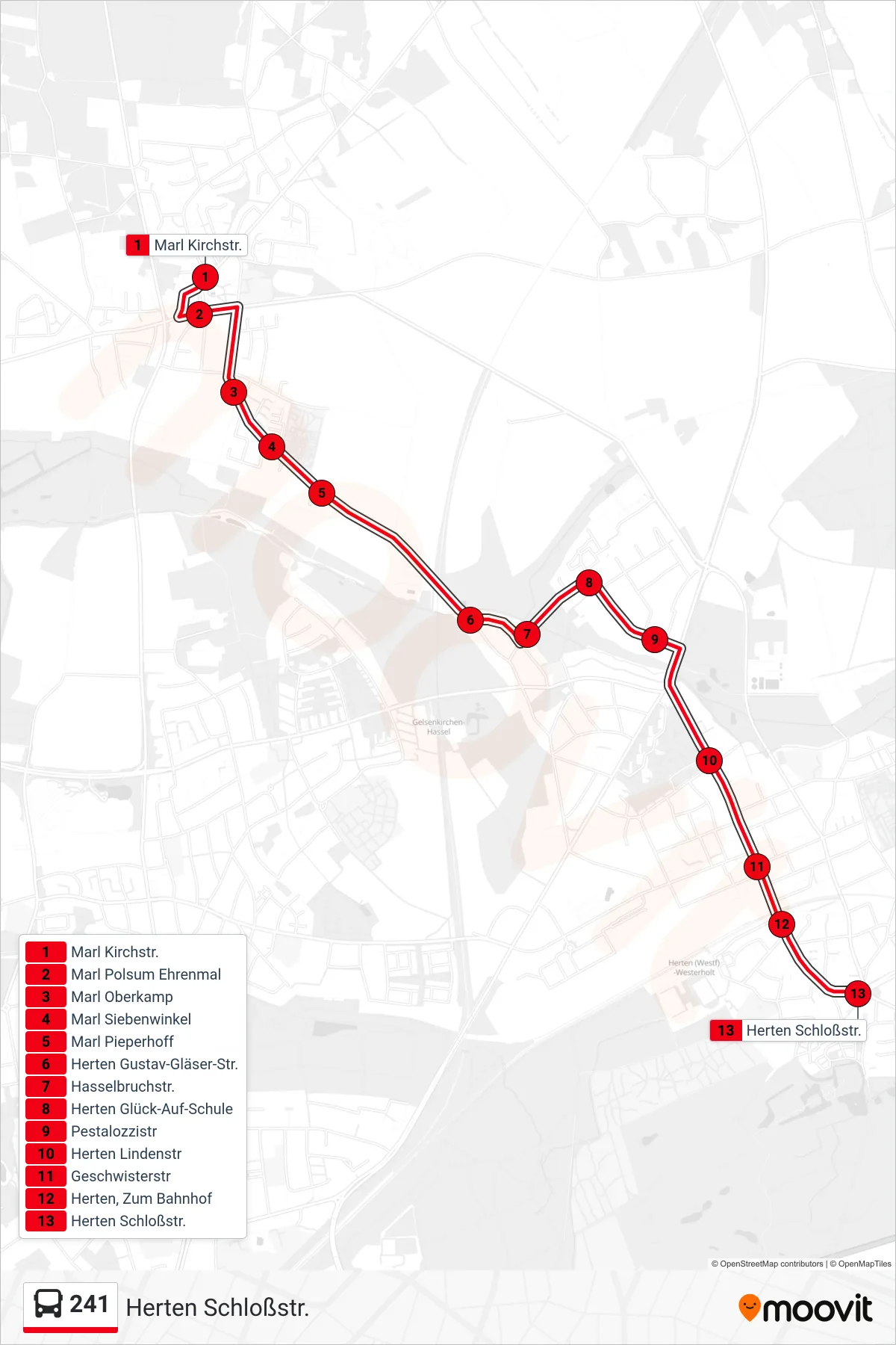 Linie 241 (Bus) Richtung Herten Schloßstr.: Route und Haltestellen auf der Karte