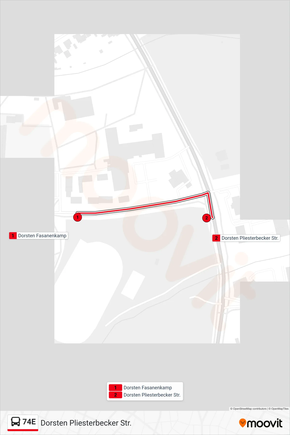 Linie 74E (Bus) Richtung Dorsten Pliesterbecker Str.: Route und Haltestellen auf der Karte