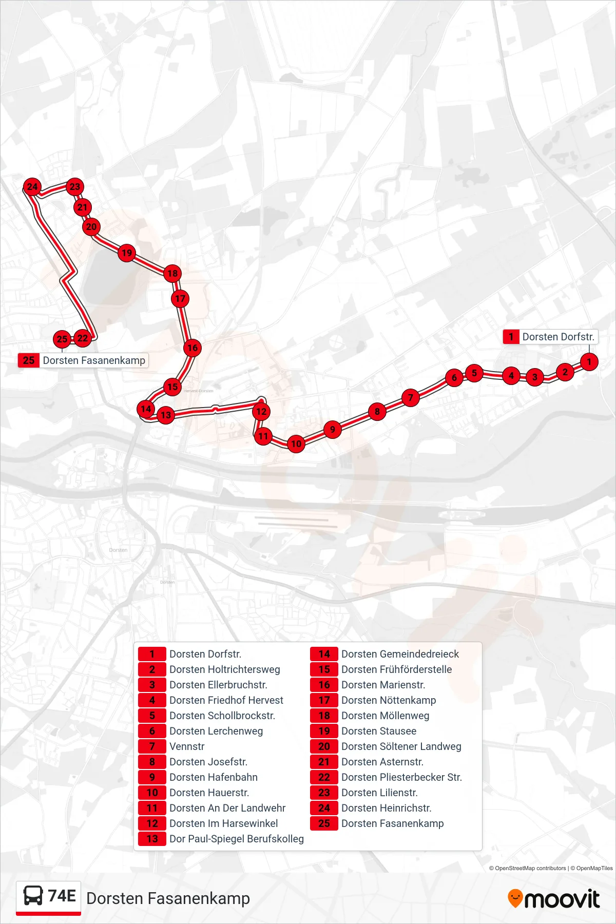 Linie 74E (Bus) Richtung Dorsten Fasanenkamp: Route und Haltestellen auf der Karte