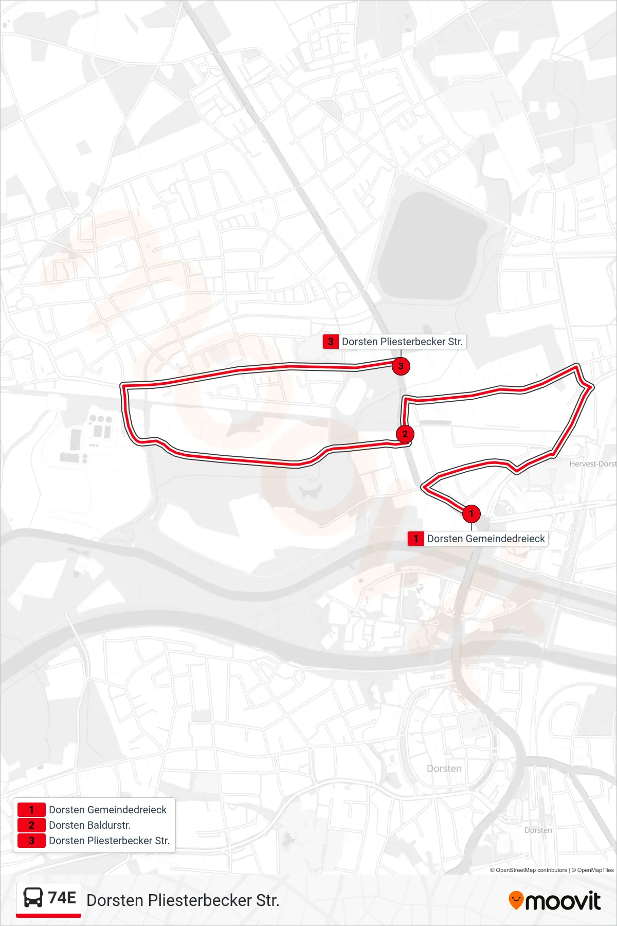 Linie 74E (Bus) Richtung Dorsten Pliesterbecker Str.: Route und Haltestellen auf der Karte
