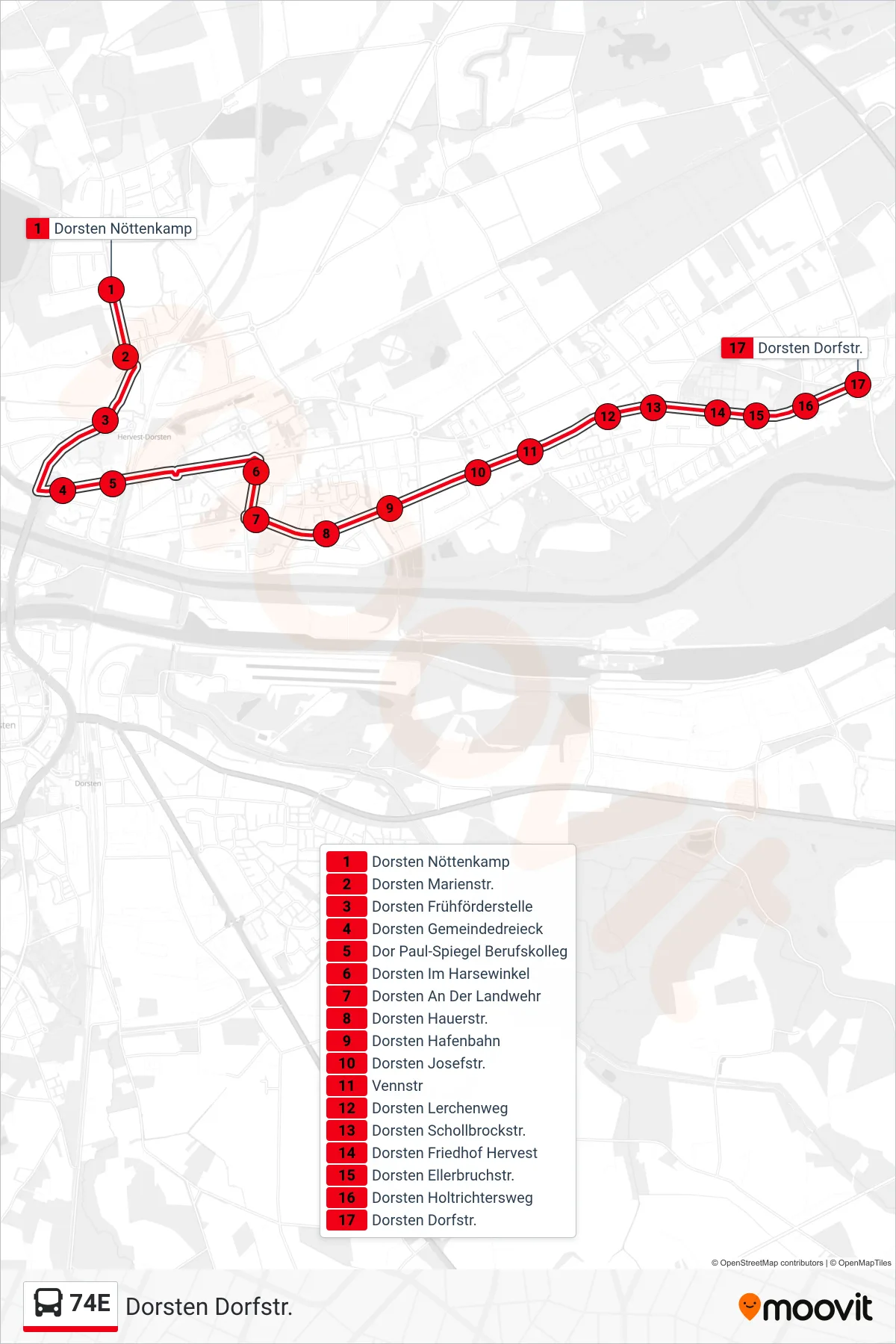 Linie 74E (Bus) Richtung Dorsten Dorfstr.: Route und Haltestellen auf der Karte