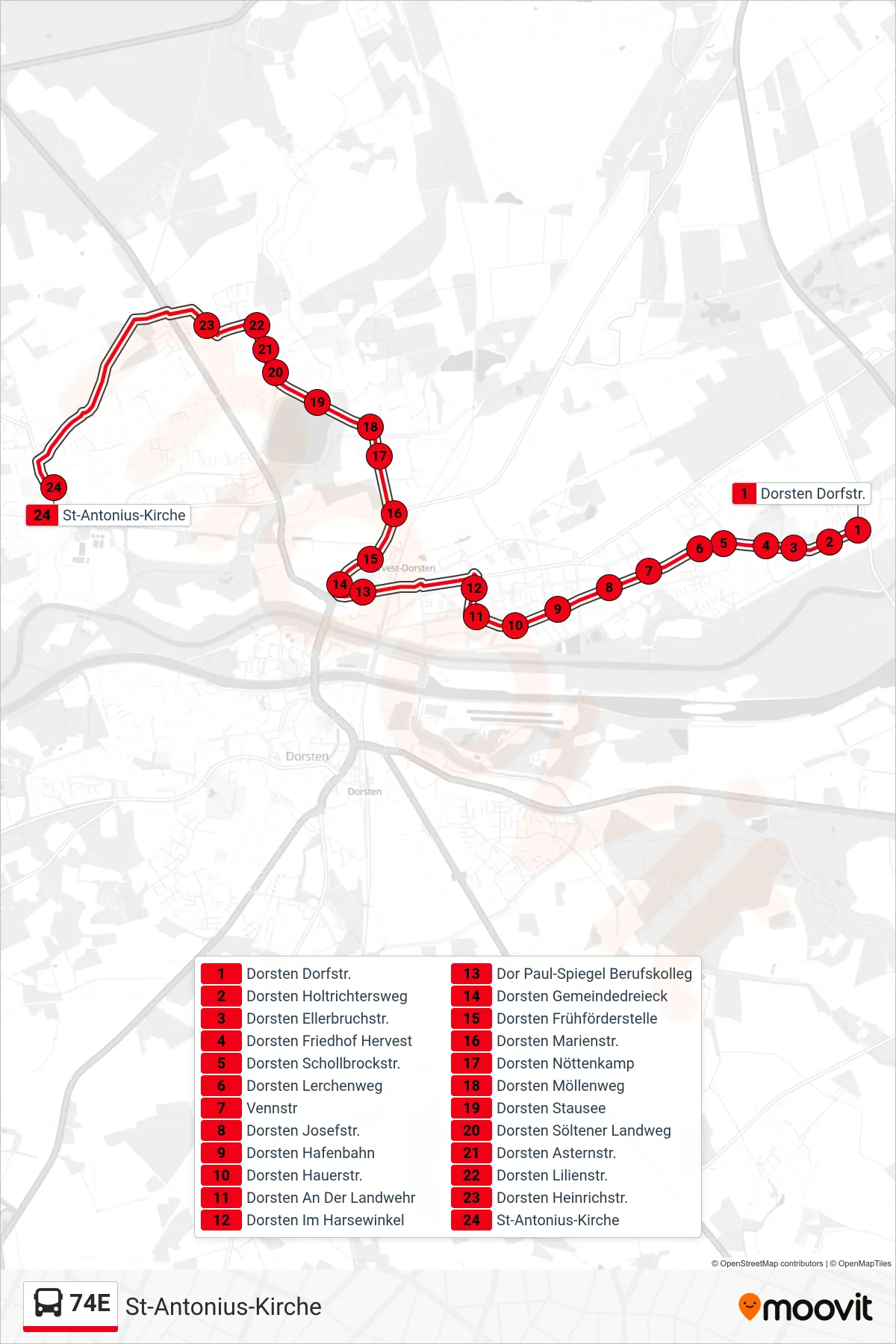 Linie 74E (Bus) Richtung St-Antonius-Kirche: Route und Haltestellen auf der Karte