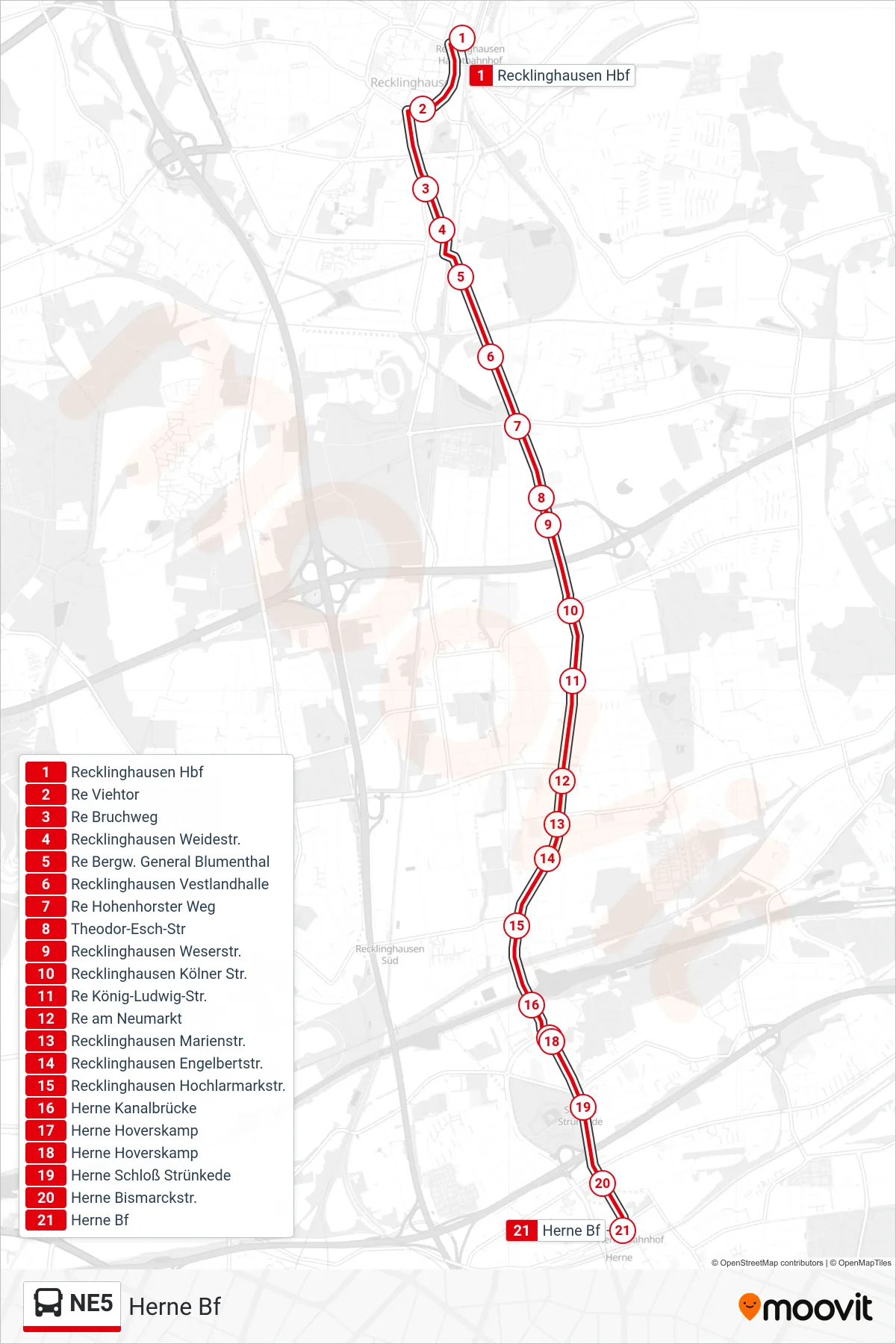 Linie NE5 (Bus) Richtung Herne Bf: Route und Haltestellen auf der Karte
