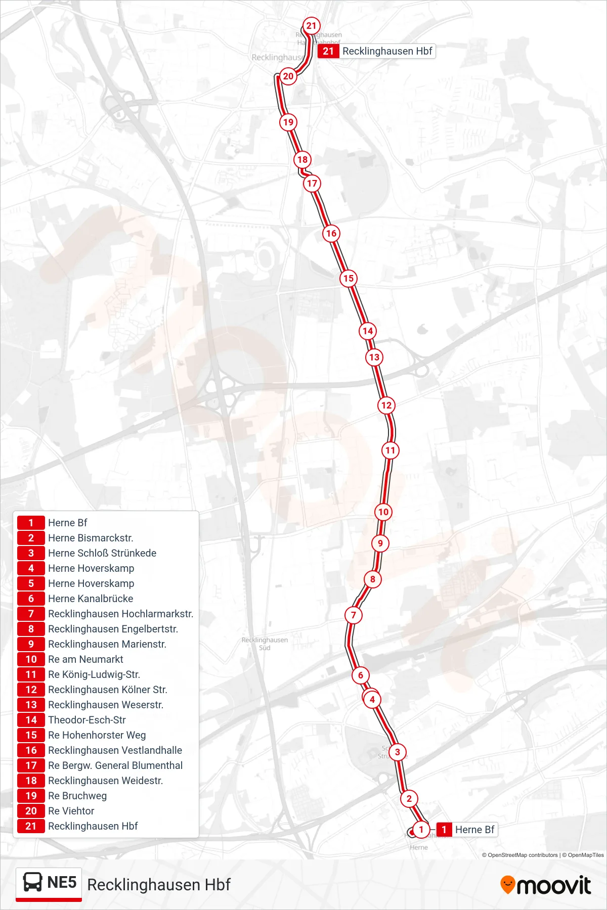 Linie NE5 (Bus) Richtung Recklinghausen Hbf: Route und Haltestellen auf der Karte