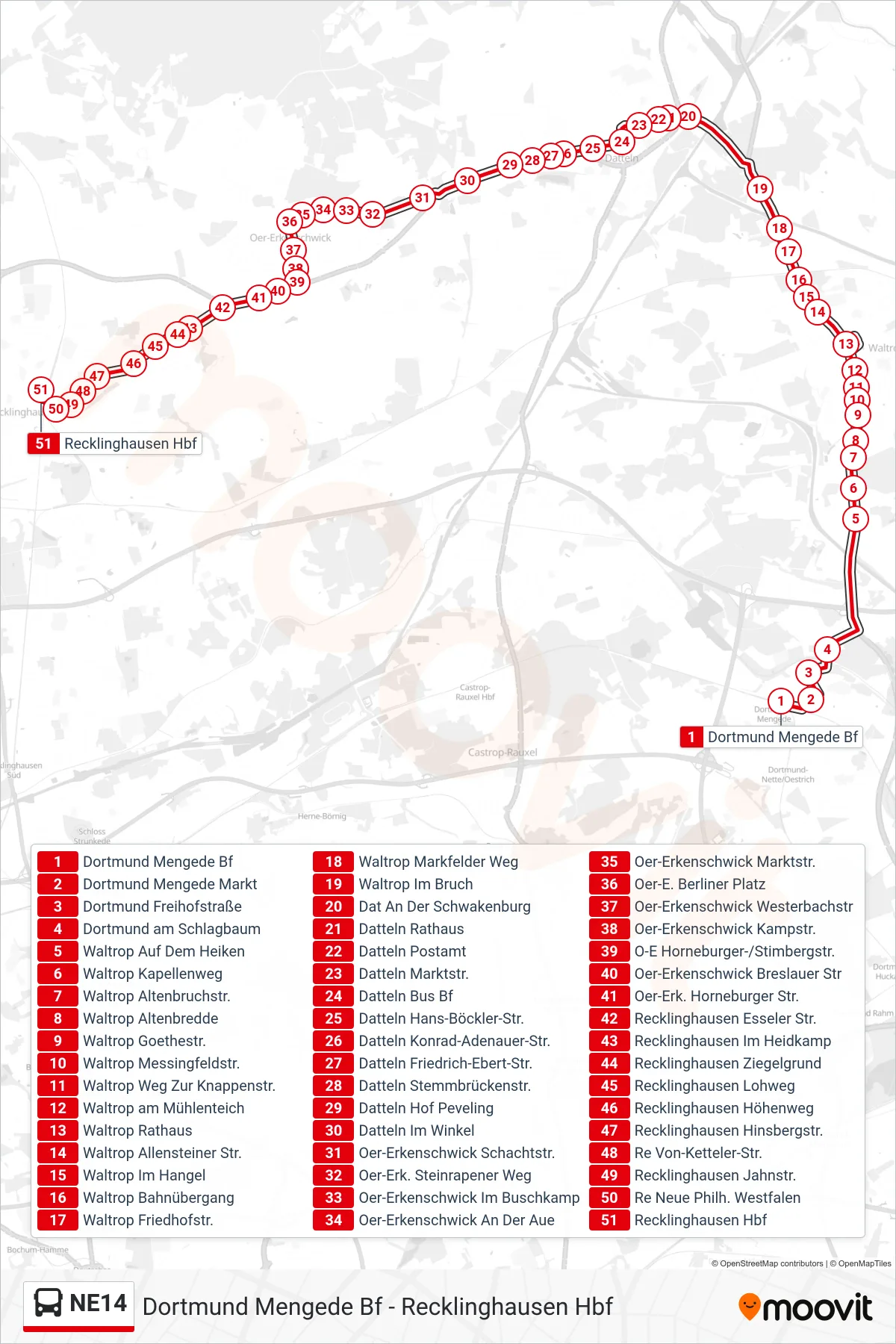 NE14 bus Line (Recklinghausen Hbf) route and stops on a map