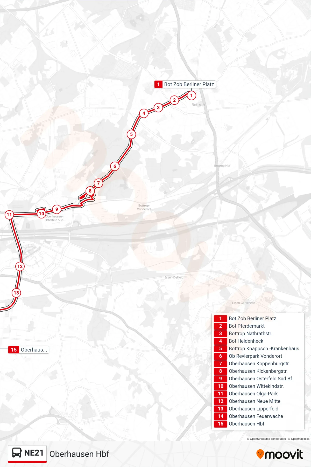 Linie NE21 (Bus) Richtung Oberhausen Hbf: Route und Haltestellen auf der Karte