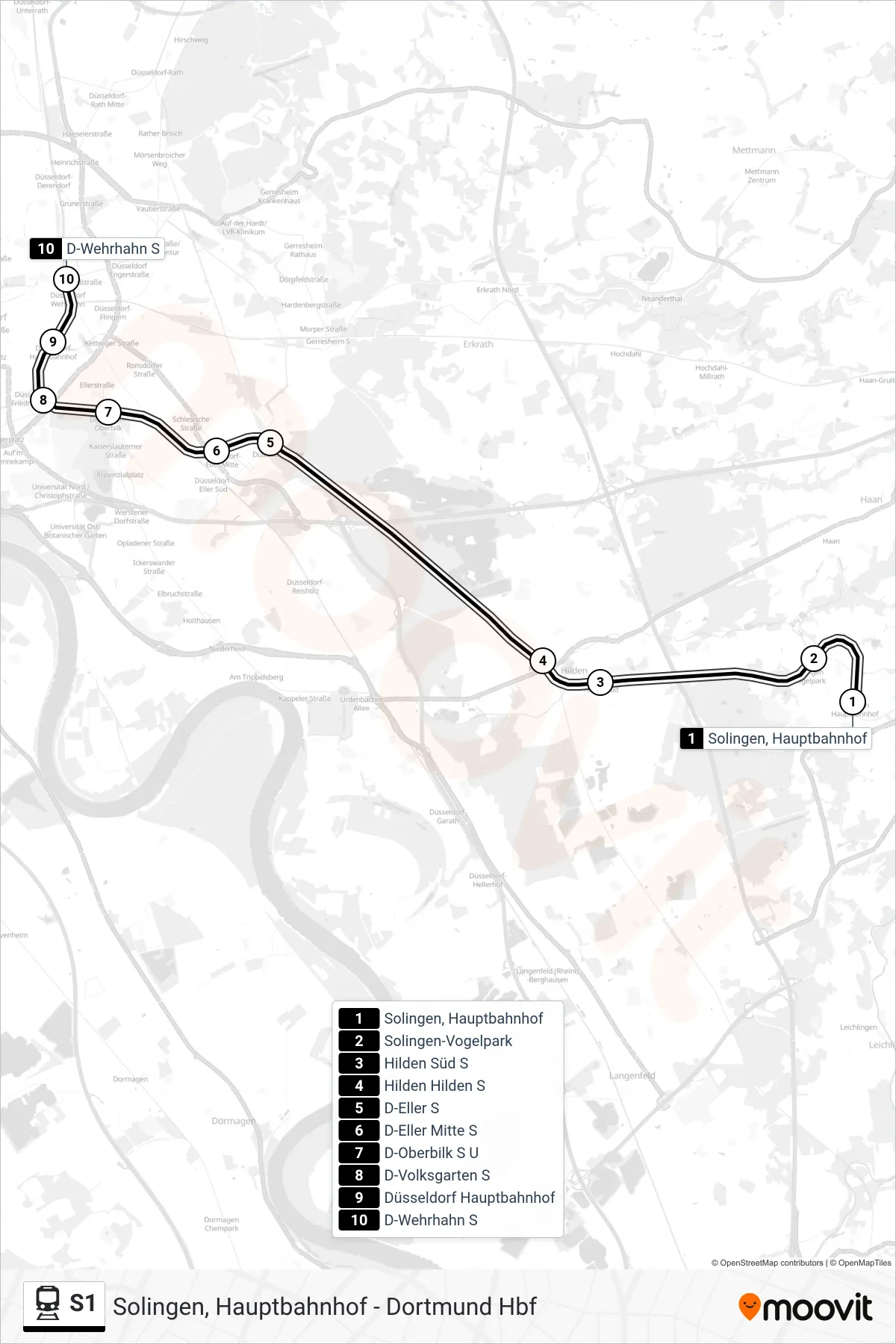 Linie S1 (Bahn) Richtung D-Wehrhahn S: Route und Haltestellen auf der Karte