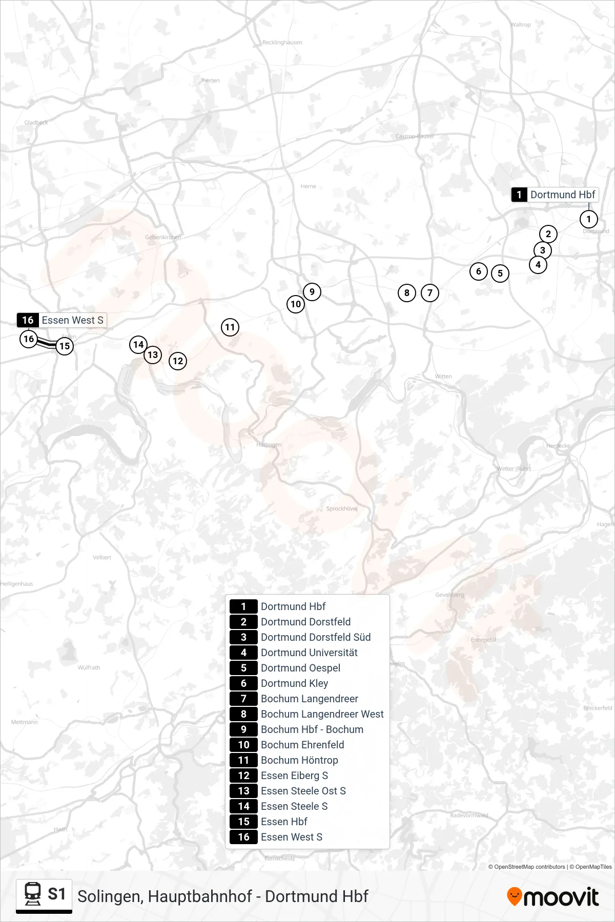 Linie S1 (Bahn) Richtung Essen West S: Route und Haltestellen auf der Karte