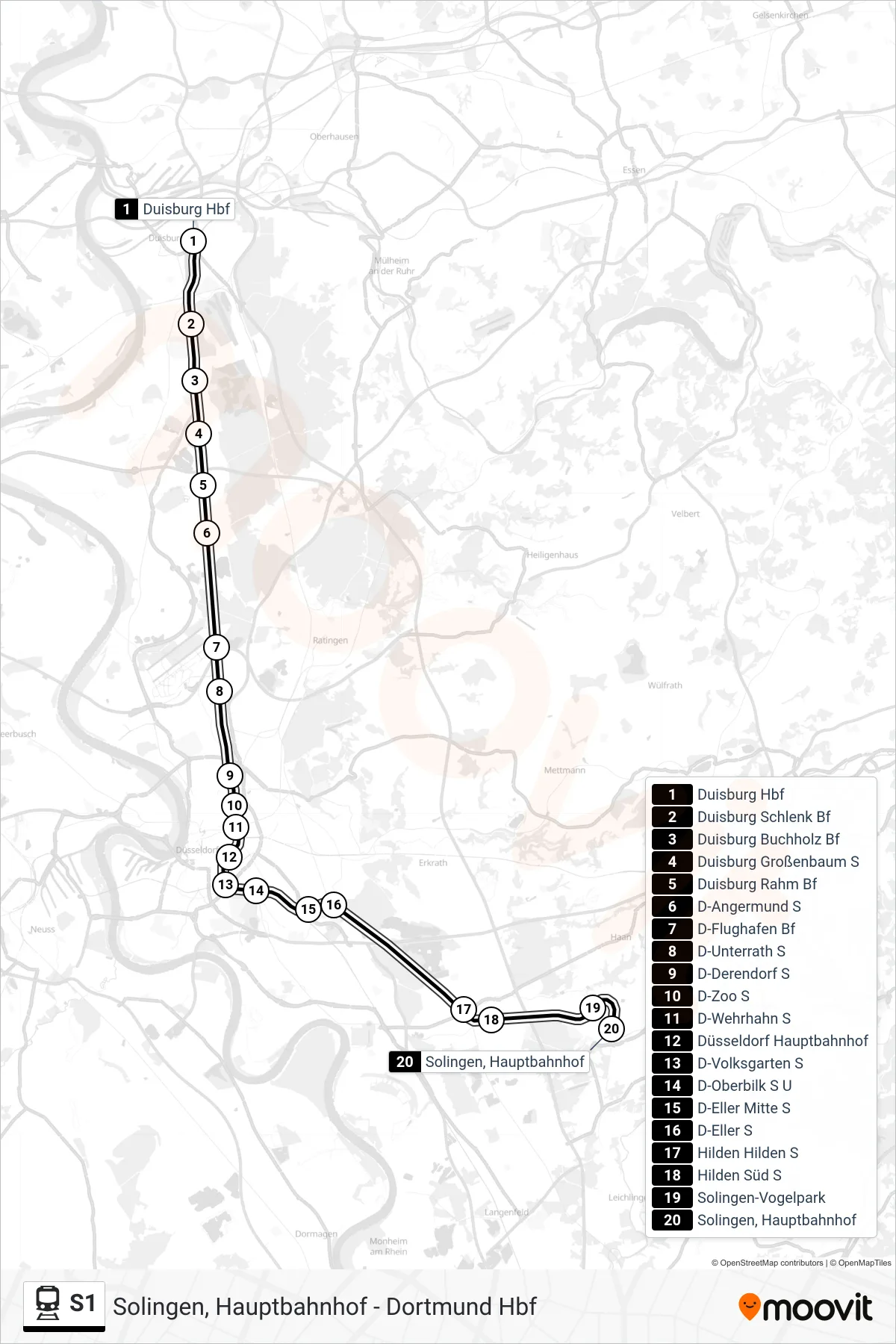 Linie S1 (Bahn) Richtung Solingen, Hauptbahnhof: Route und Haltestellen auf der Karte