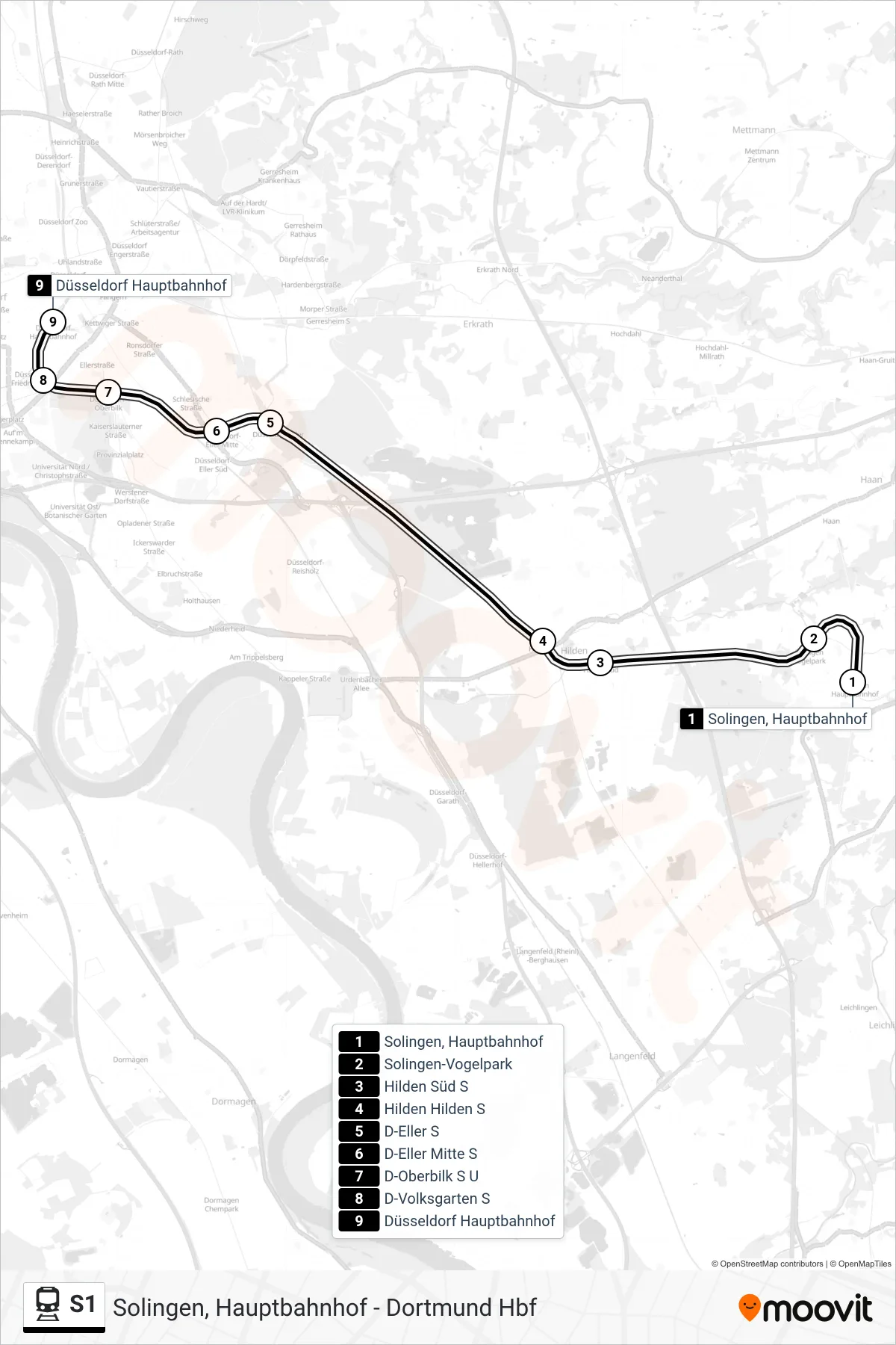 S1 train Line (Düsseldorf Hbf) route and stops on a map