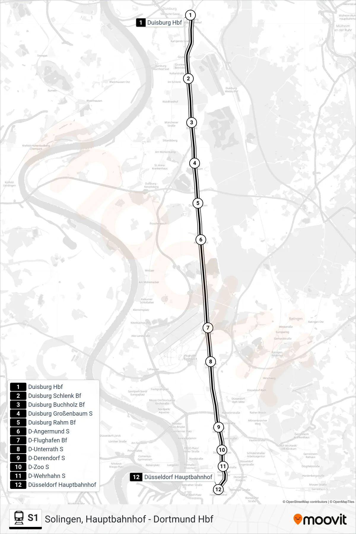 Linie S1 (Bahn) Richtung Düsseldorf Hbf: Route und Haltestellen auf der Karte