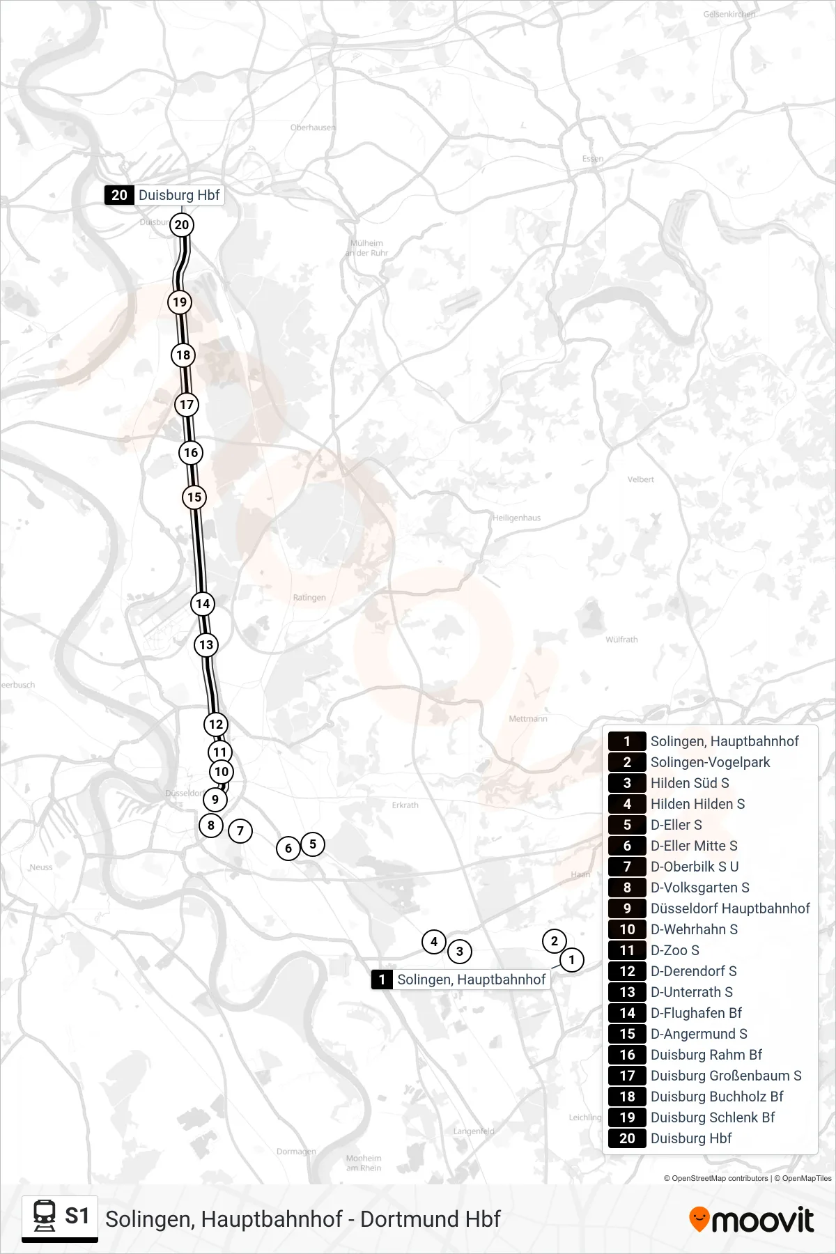 S1 rail Line (Duisburg Hbf) route and stops on a map