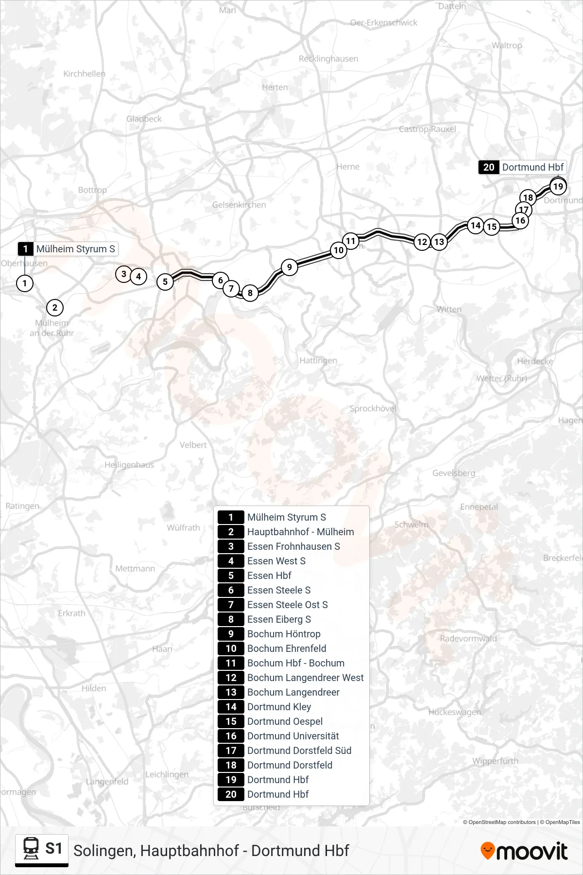 S1 rail Line (Dortmund Hbf) route and stops on a map