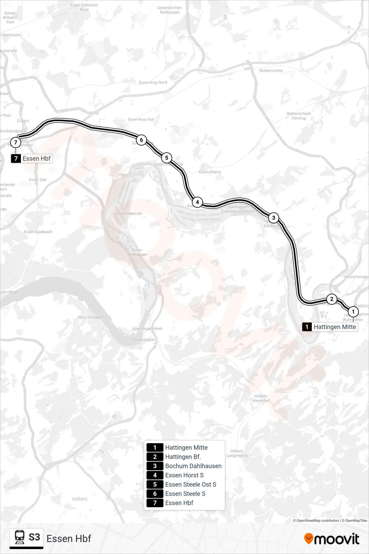 Linie S3 (Bahn) Richtung Essen Hbf: Route und Haltestellen auf der Karte