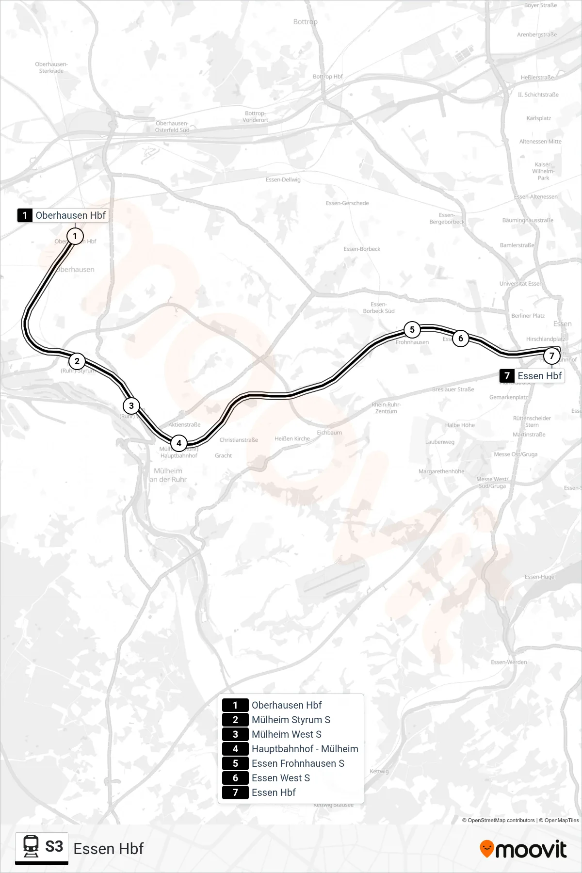 S3 train Line (Essen Hbf) route and stops on a map