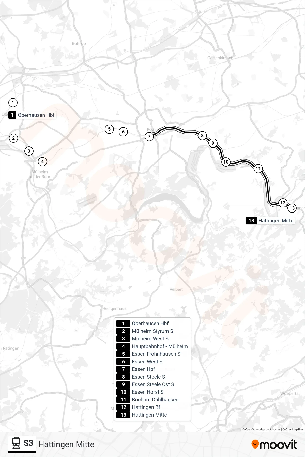 S3 train Line (Hattingen Mitte) route and stops on a map