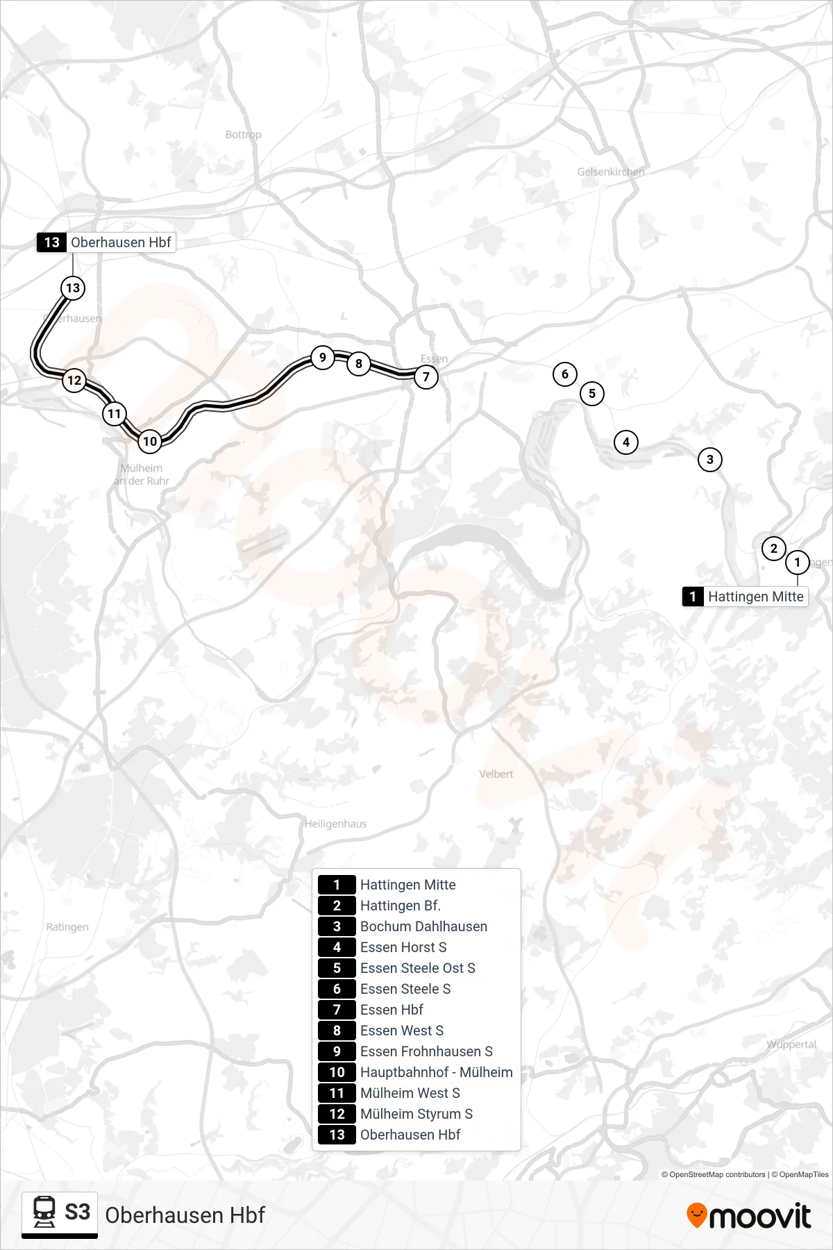 Linie S3 (Bahn) Richtung Oberhausen Hbf: Route und Haltestellen auf der Karte