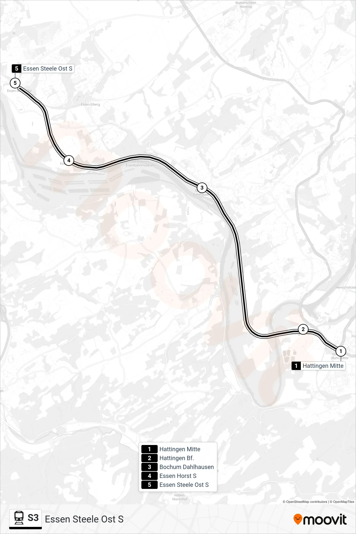 Linie S3 (Bahn) Richtung Essen Steele Ost S: Route und Haltestellen auf der Karte