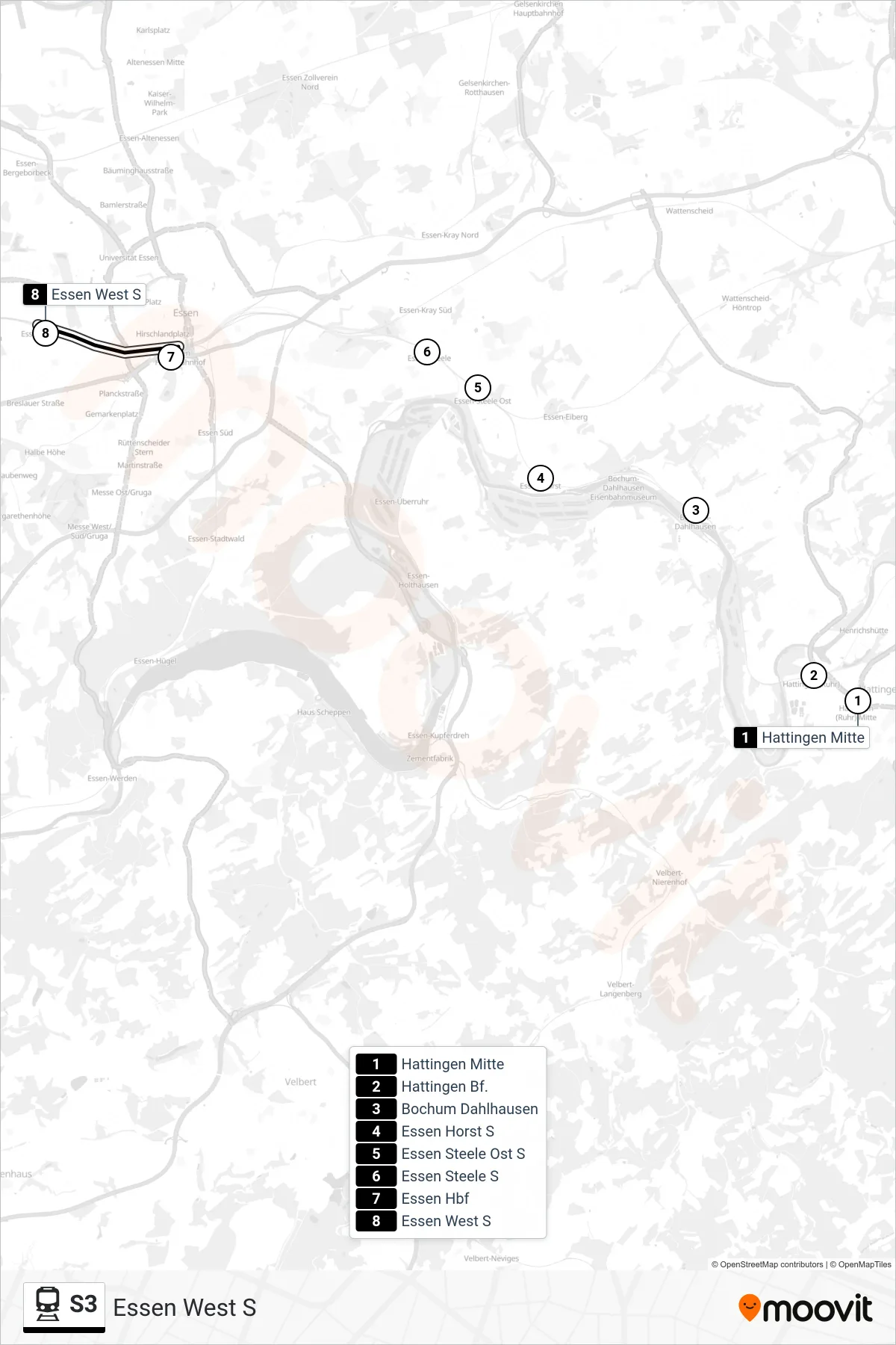 S3 train Line (Essen West S) route and stops on a map