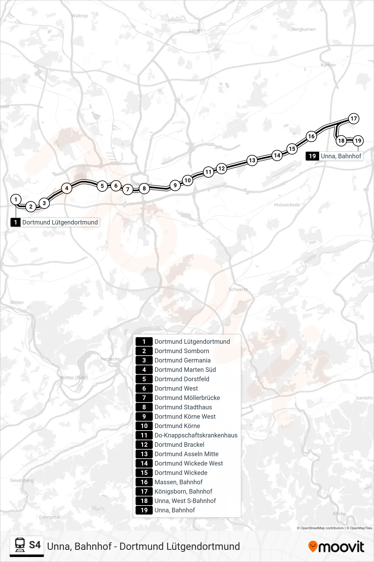Linie S4 (Bahn) Richtung Unna, Bahnhof: Route und Haltestellen auf der Karte