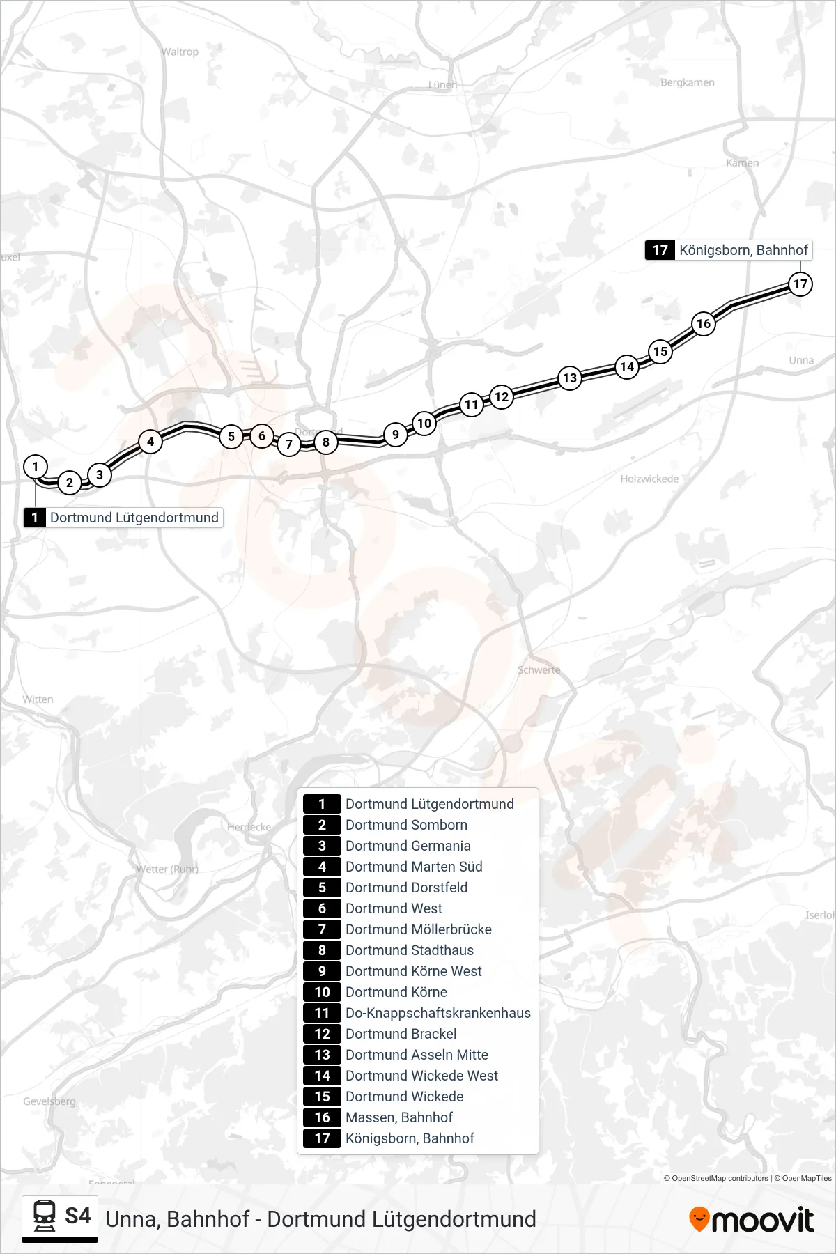 Linie S4 (Bahn) Richtung Königsborn, Bahnhof: Route und Haltestellen auf der Karte
