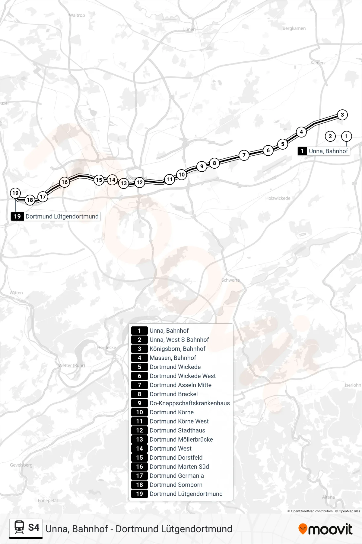S4 train Line (Dortmund Lütgendortmund) route and stops on a map