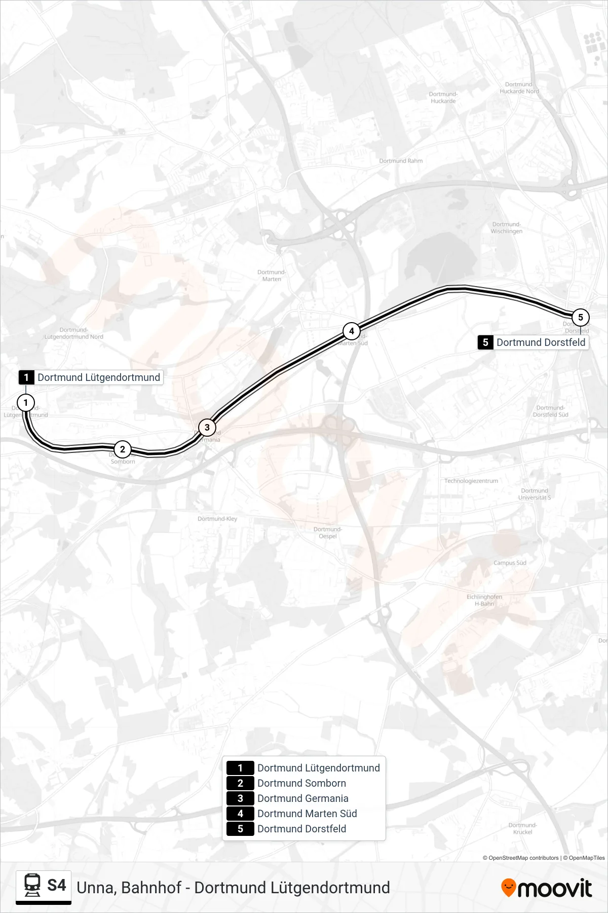 Linie S4 (Bahn) Richtung Dortmund Dorstfeld: Route und Haltestellen auf der Karte