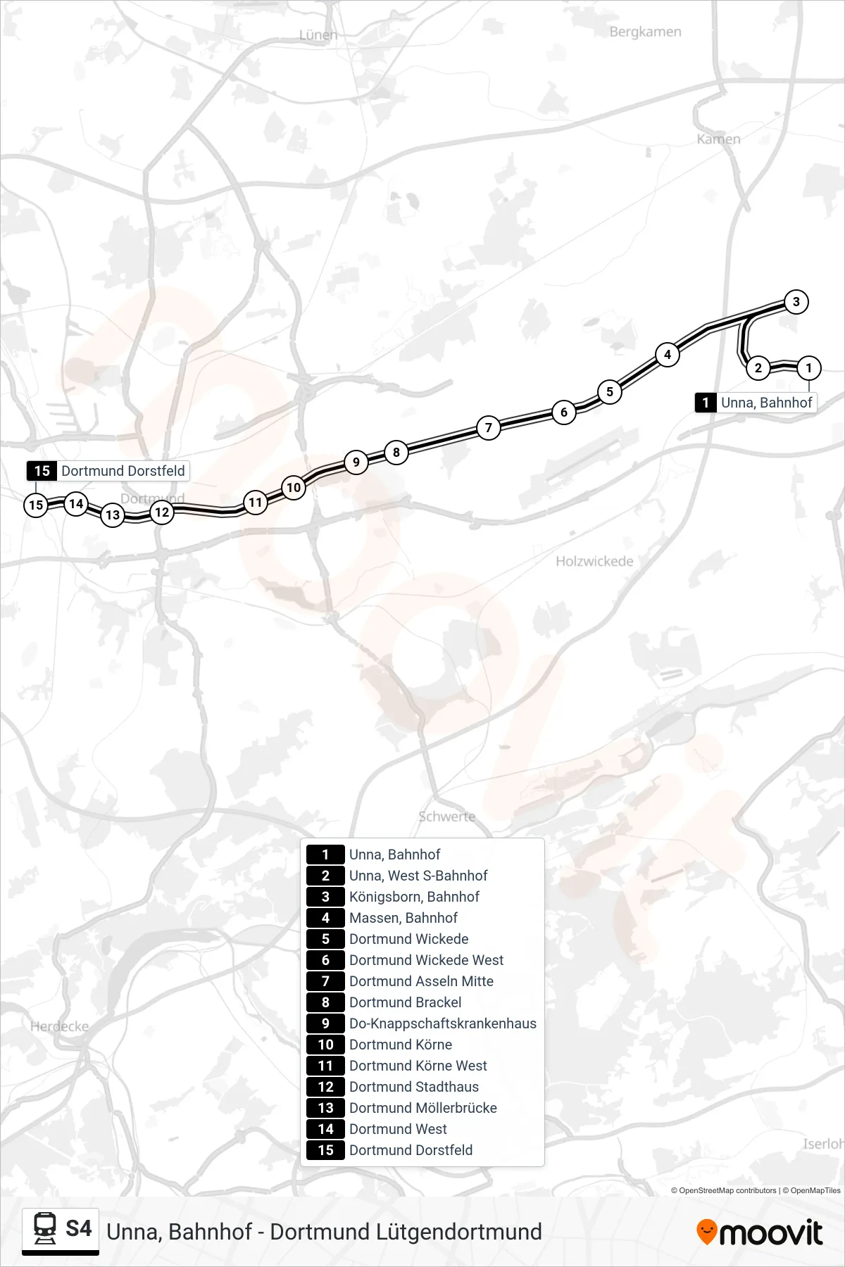 S4 train Line (Dortmund Dorstfeld) route and stops on a map