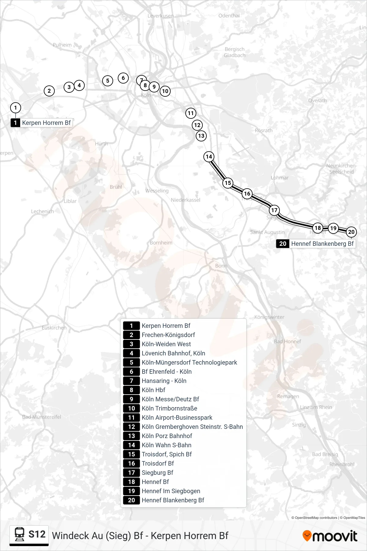 Linie S12 (Bahn) Richtung Hennef Blankenberg Bf: Route und Haltestellen auf der Karte