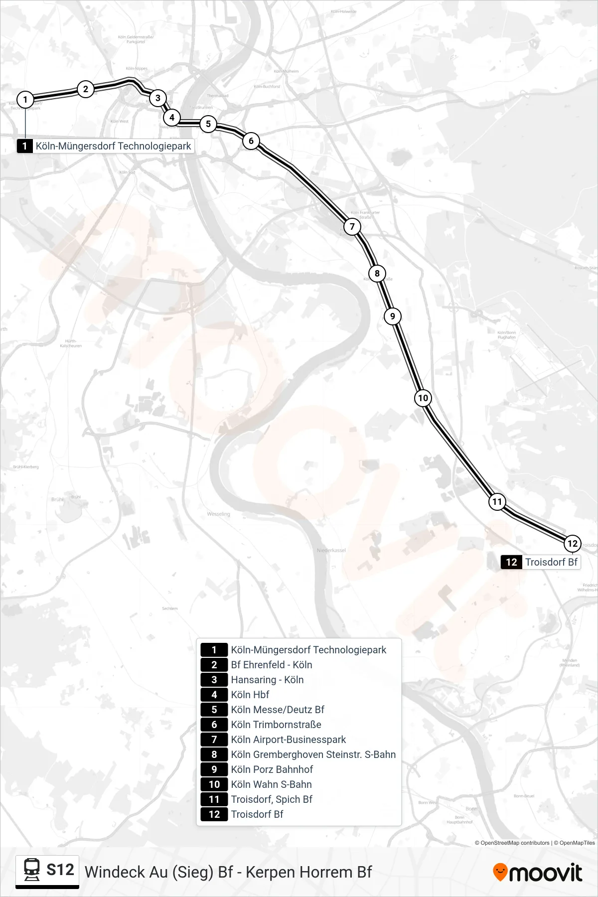 S12 rail Line (Troisdorf Bf) route and stops on a map