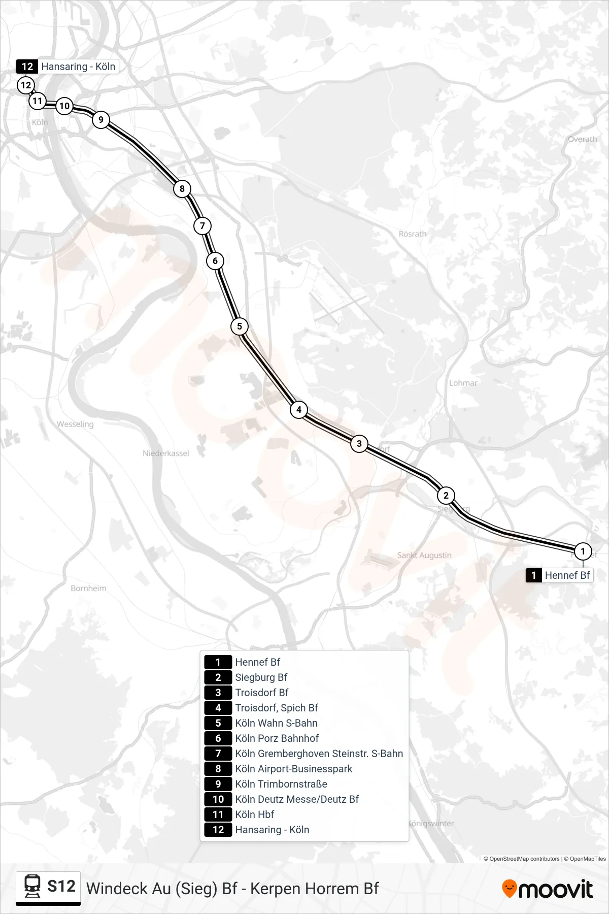 S12 rail Line (Köln Hansaring) route and stops on a map