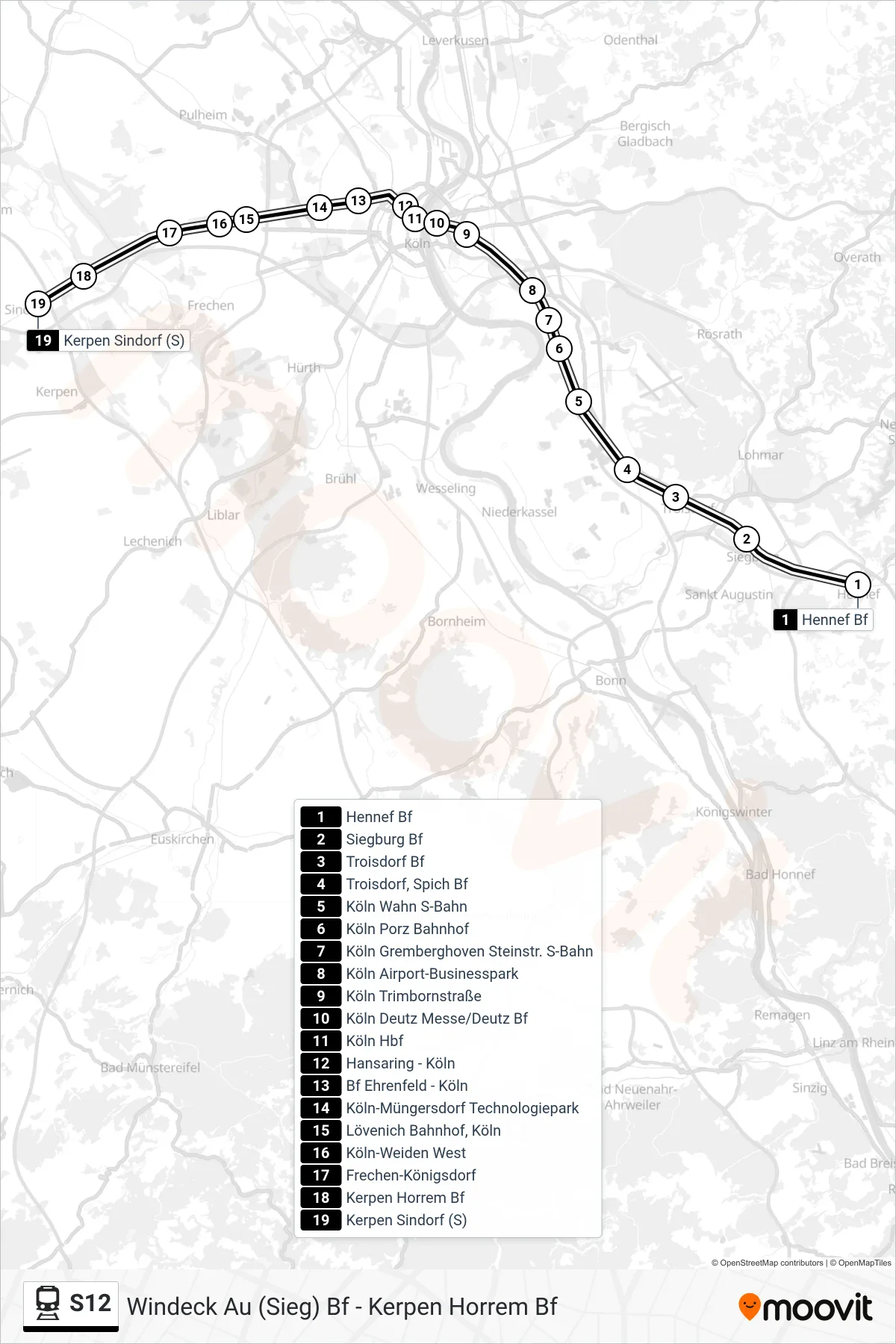 Linie S12 (Bahn) Richtung Kerpen Sindorf (S): Route und Haltestellen auf der Karte