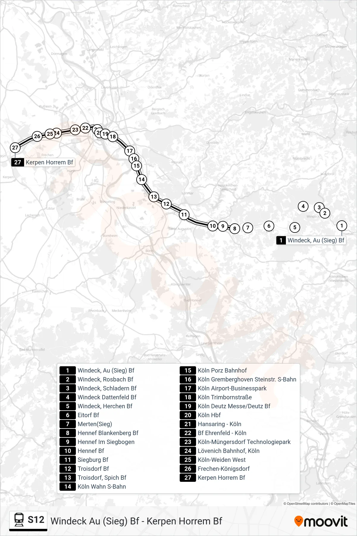 S12 rail Line (Kerpen Horrem Bf) route and stops on a map