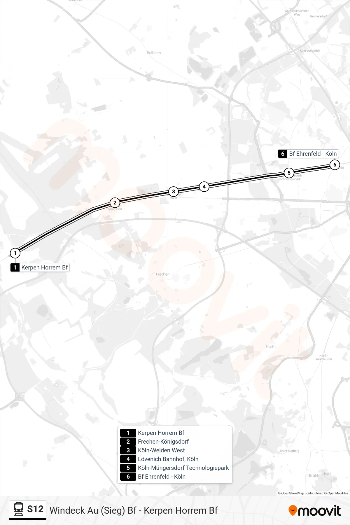 Linie S12 (Bahn) Richtung Köln Ehrenfeld Bf Ehrenfeld: Route und Haltestellen auf der Karte