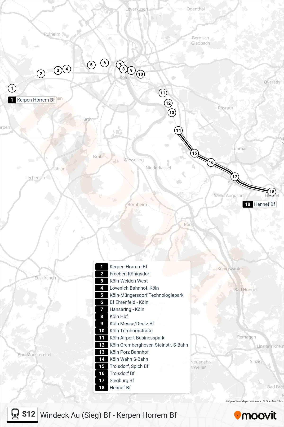 S12 train Line (Hennef Bf) route and stops on a map