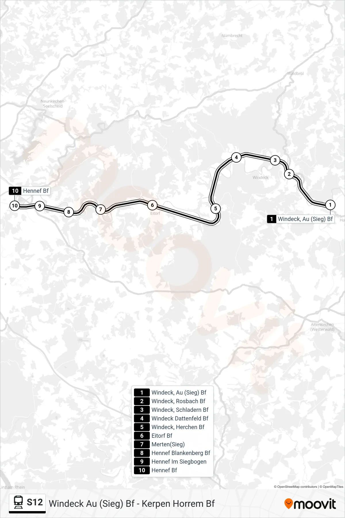 S12 rail Line (Hennef Bf) route and stops on a map
