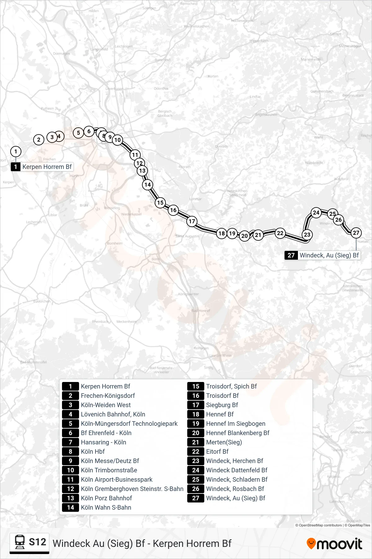 S12 rail Line (Windeck Au (Sieg) Bf) route and stops on a map