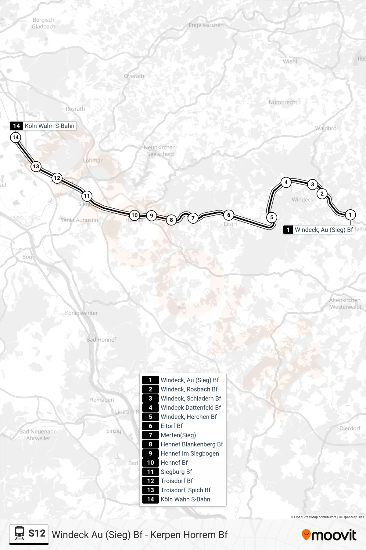 Linie S12 (Bahn) Richtung Köln Wahn S-Bahn: Route und Haltestellen auf der Karte