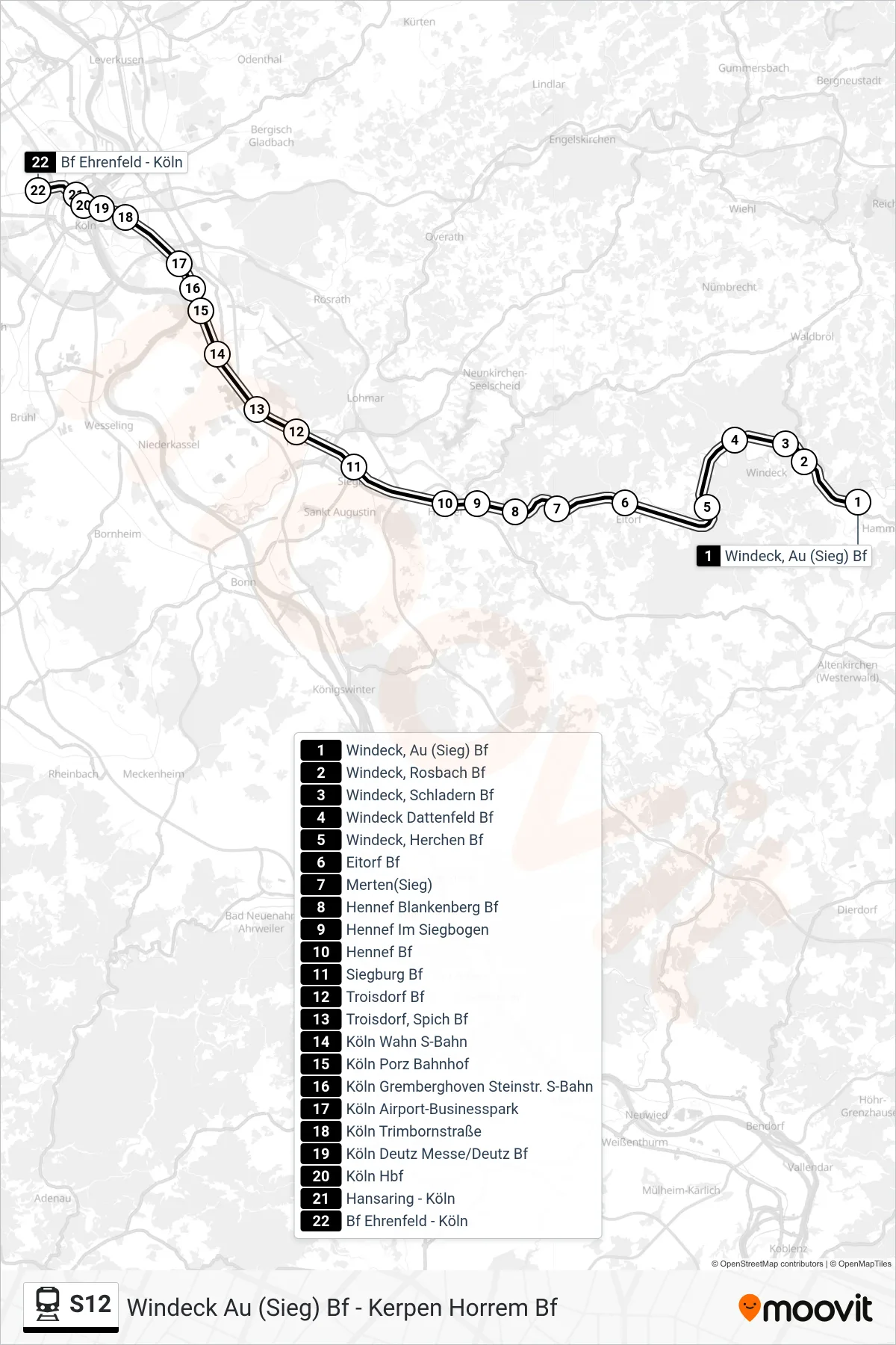 S12 rail Line (Köln Ehrenfeld Bf Ehrenfeld) route and stops on a map