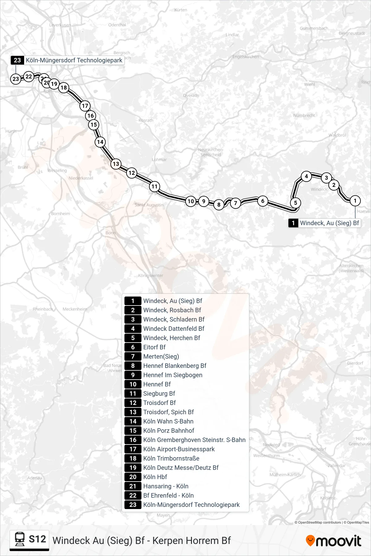 S12 rail Line (Köln Müngersdorf Technologiepark S-Bahn) route and stops on a map