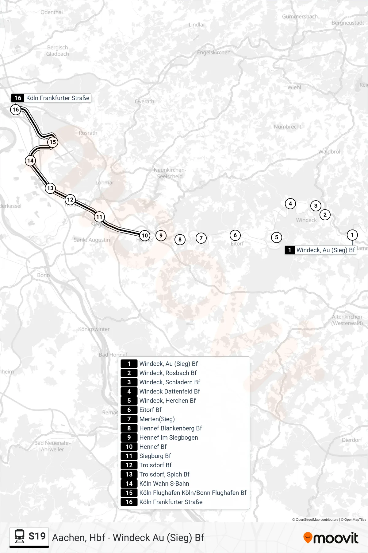 Linie S19 (Bahn) Richtung Köln Gremberghoven Frankfurter Str.: Route und Haltestellen auf der Karte