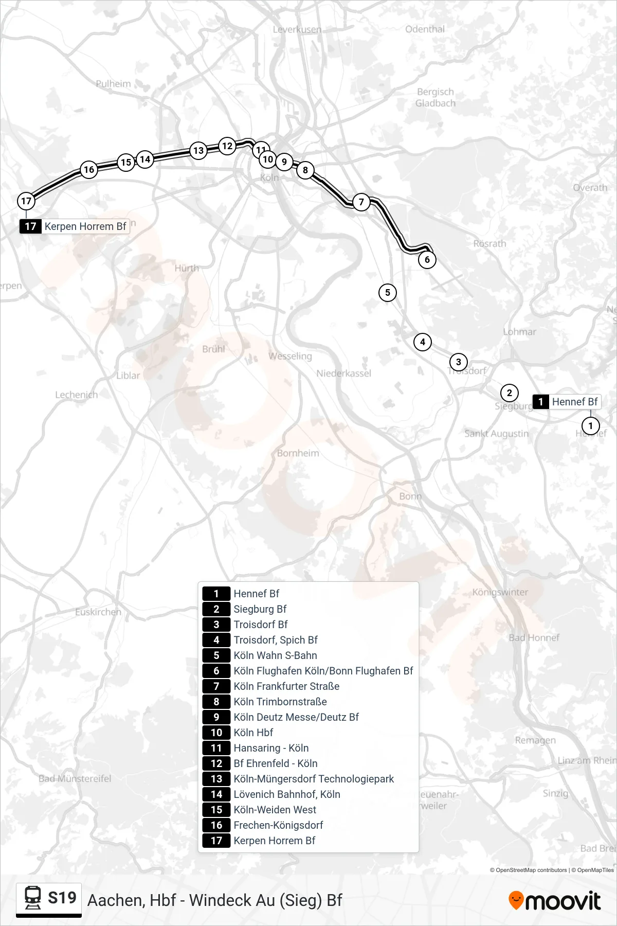 Linie S19 (Bahn) Richtung Kerpen Horrem Bf: Route und Haltestellen auf der Karte